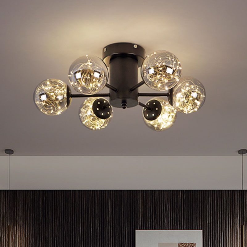 Radial Living Room Semi Flush Mount Smoke Grey Glass Contemporary Ceiling Light Fixture in Black