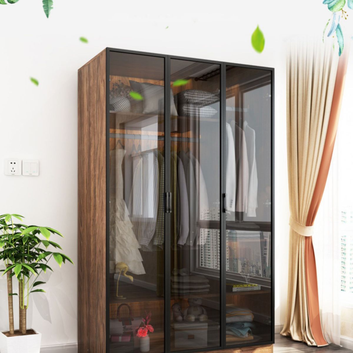 Modern Freestanding Wardrobe Armoire Tempered Glass Doors Wardrobe with Shelves
