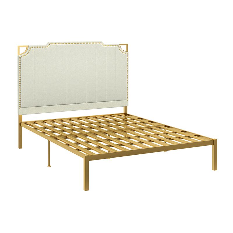 Nailhead Upholstered Bed with Headboard Metal Bed Frame in Gold
