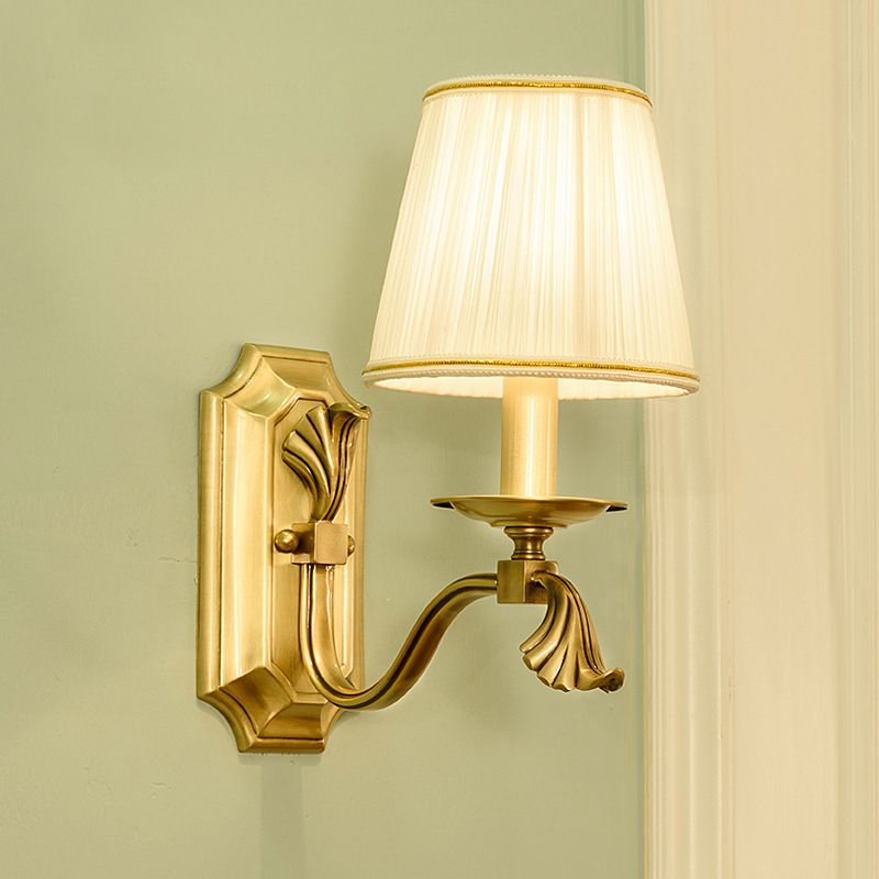 Candle Bedside Wall Lighting Rustic Metal 1/2-Light Gold Wall Mount Lamp with Cone Pleated Fabric Shade