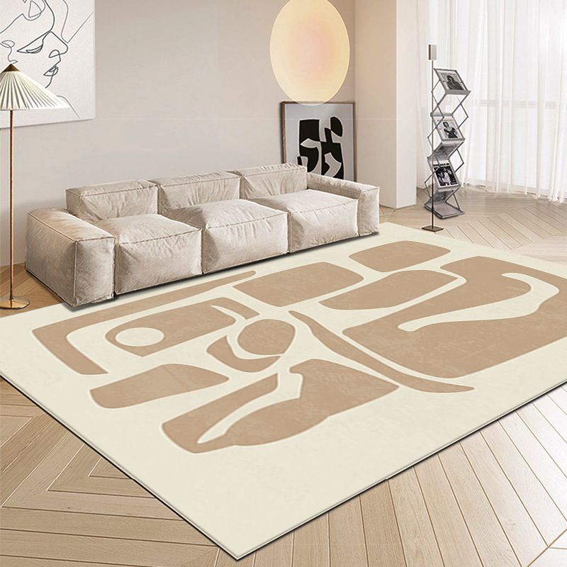 Rectangle Shape Rug Living Room Beige Tone Polyester Washable Area Rug