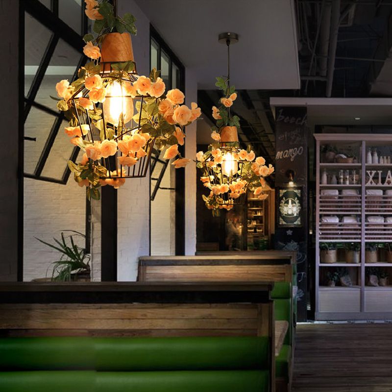 Black Jar/Diamond/Barn Cage Pendant Farm Iron 1 Head Restaurant Flower Hanging Light Fixture with Wooden Top