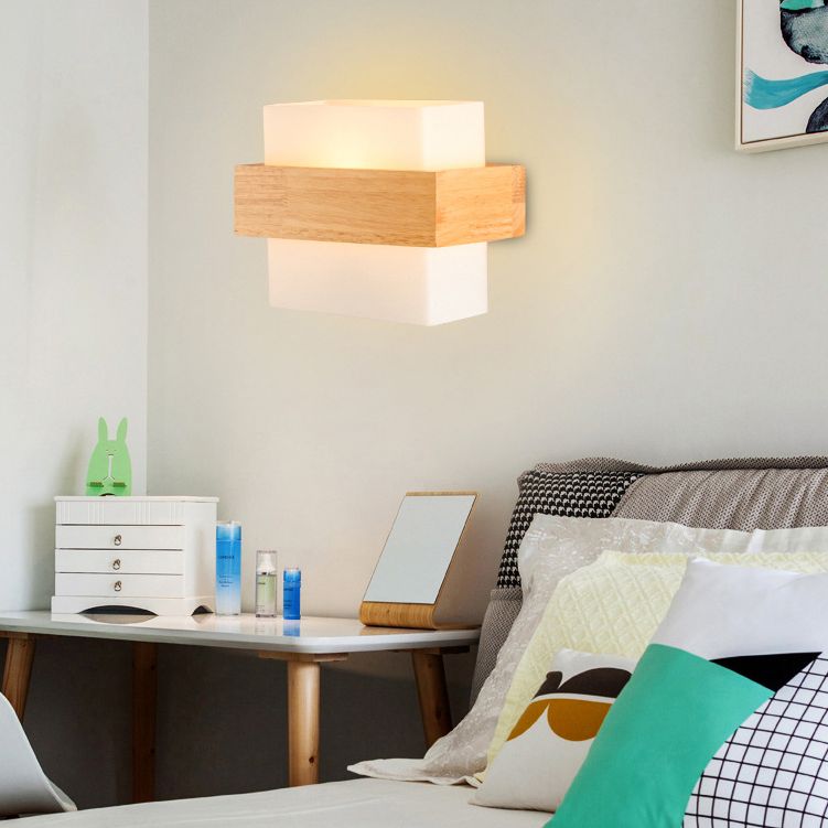 8.6" Wide Rectangular Modern Style Wall Lamp Simplicity Wooden Bedroom Sconces Light with White Glass Shade