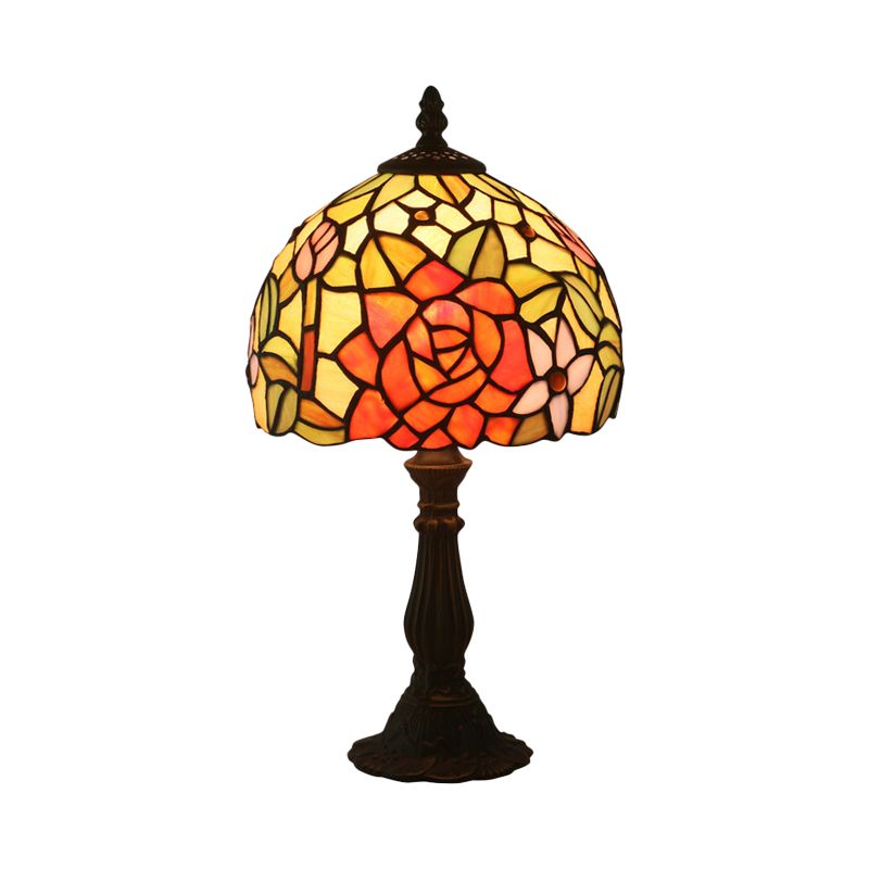 Bronze 1 Head Night Table Light Tiffany Style Cut Glass Yellow/Orange/Purple Rose Patterned Desk Lighting with Dome Shade