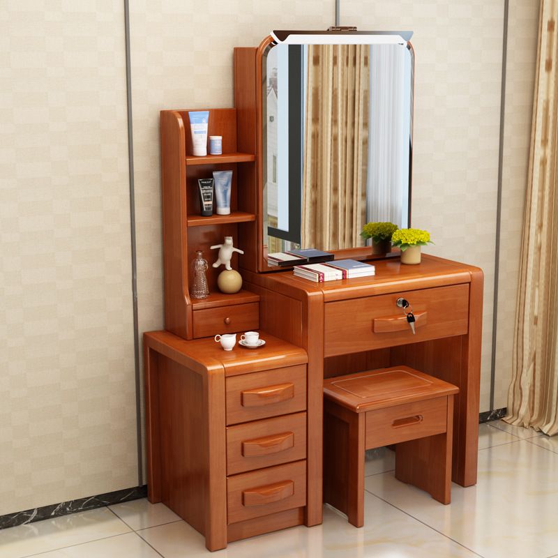Traditional Solid Wood Make-up Vanity with Mirror and Stool,6 Drawers