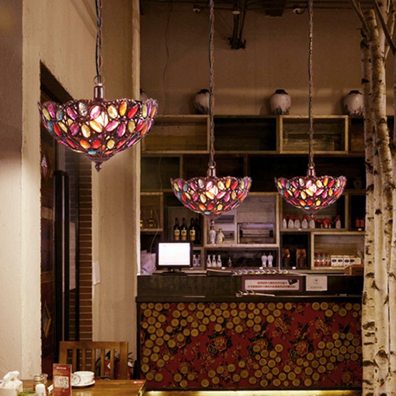 Rust Bowl Shape Hanging Light Bohemian Metal 1 Bulb Restaurant Pendant Lighting Fixture