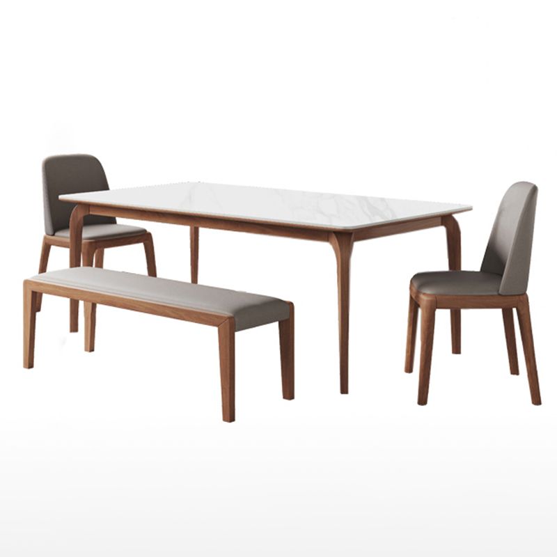 Modern Rectangular White Stone Top Dining Table with 4 Walnut Legs