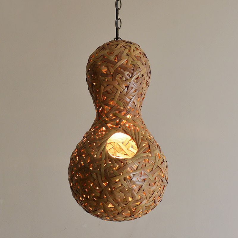 1 Bulb Restaurant Ceiling Lamp Asia Beige Pendant Light Fixture with Gourd Bamboo Shade