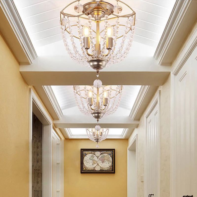 Luz de montaje de semi flush de domo Moderna hilo de cristal 3 luces Luz de techo plateado Luz montada