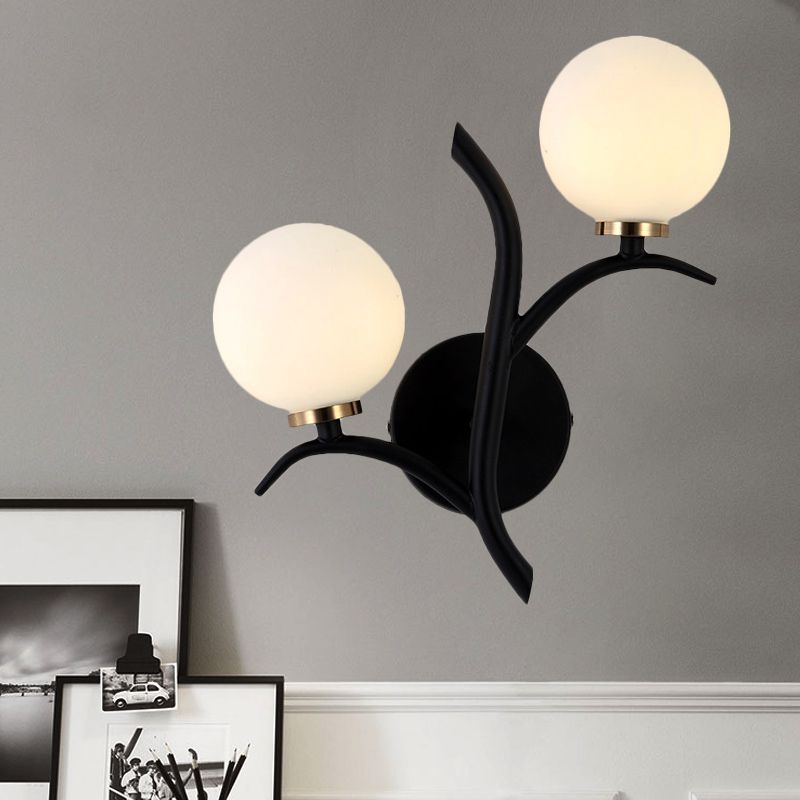 2 Bulbs White Glass Wall Sconce Modern Gold/Black Globe Dining Room Sconce Light with Branch-Shaped Arm