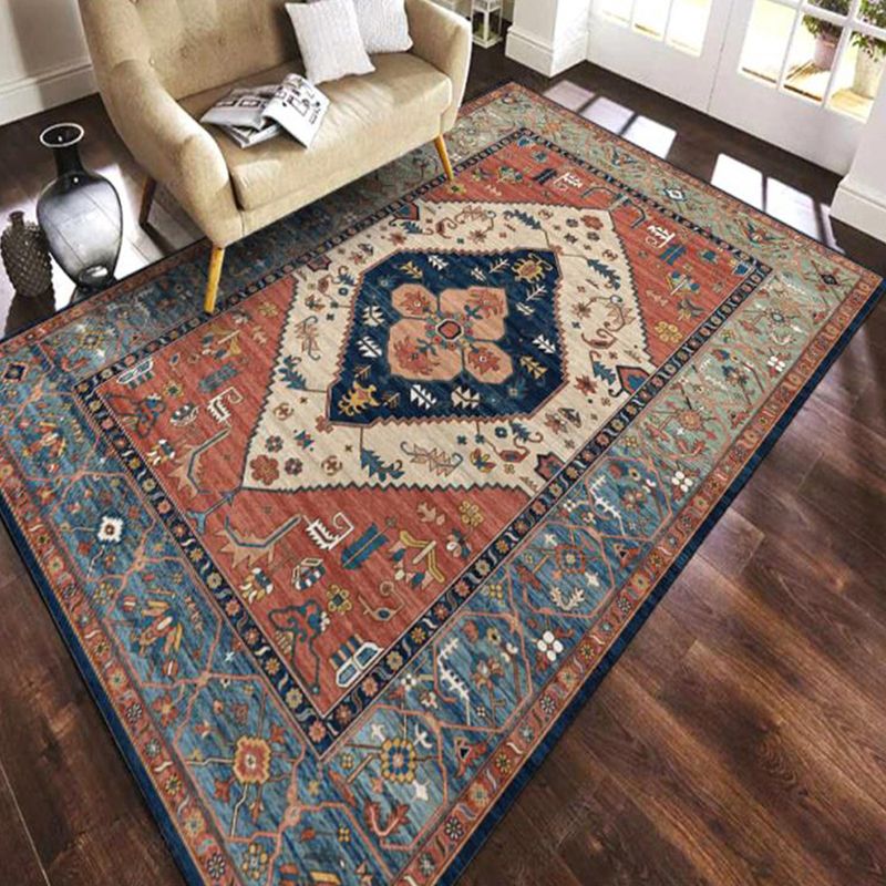 Red Traditional Area Carpet Polyester Tribal Pattern Area Rug Stain Resistant Rug for Home Decor