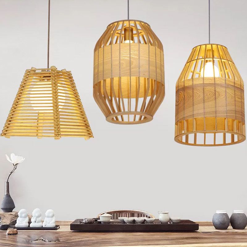 Bamboo Slatted Hanging Light Kit Asian 1 Light Wood Down Lighting Pendant over Table
