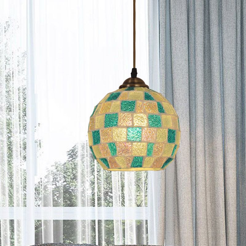 Tiffany Checkered Globe Pendant Lamp Single Green and White Glass Hanging Light Fixture