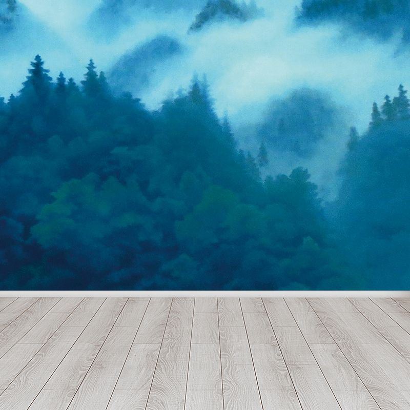 Contemporary Misty Forest Mural Decal Green Bedroom Wall Covering, Made to Measure