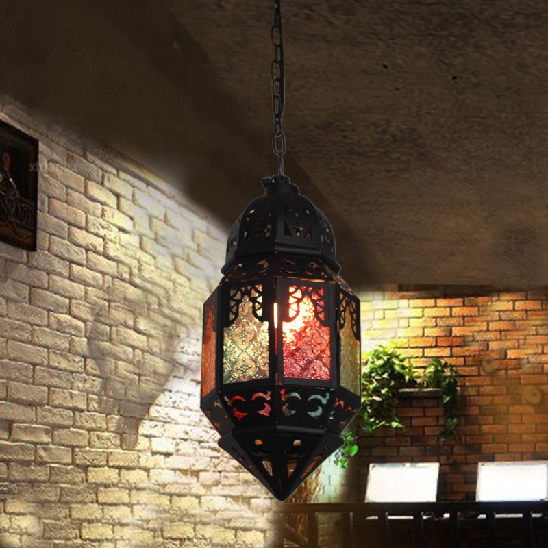 Moroccan Censer Ceiling Hanging Lantern 1-Light Stained Glass Down Lighting Pendant in Black