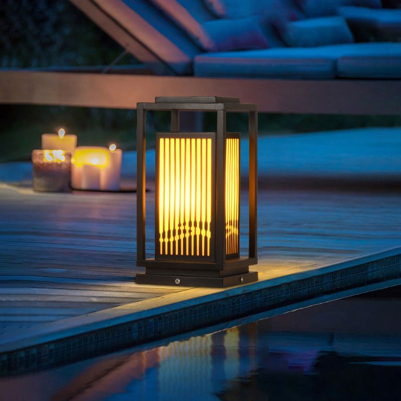 Rectangle Solar Pillar Lamp Contemporary Metal Outdoor Waterproof Light in Black