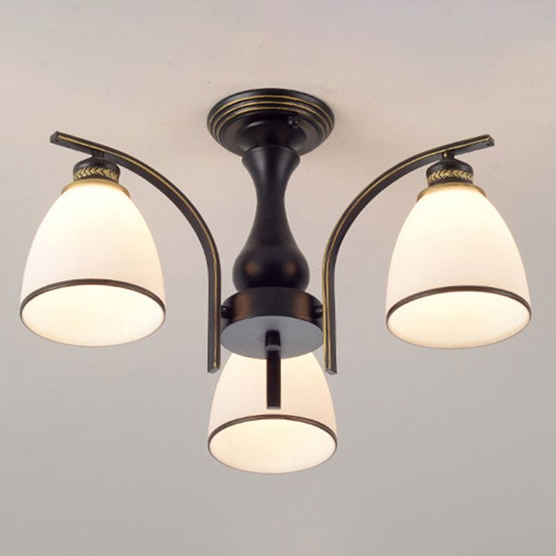 Kuppelglas Halbflush -Halterung Leuchte Traditionelle Schlafzimmer Deckenmontage Kronleuchter in Schwarz