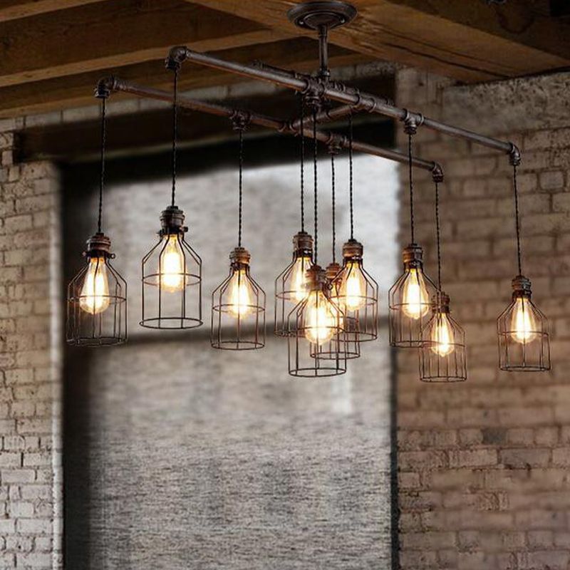 6/10 Bulbs Island Pendant Light Industrial Cage Iron Hanging Lamp Fixture in Aged Silver with Double Pipe Rod