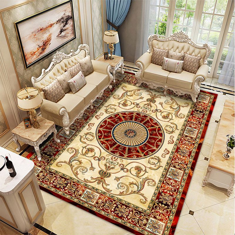 Wine Red Vintage Rug Polyester Medallion Rug Washable Rug for Drawing Room