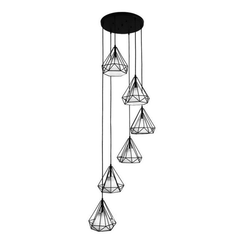 Spiral Diamond Cage Metallic Suspension Light Minimalist 6 Bulbs Black Multi Light Pendant for Stairwell