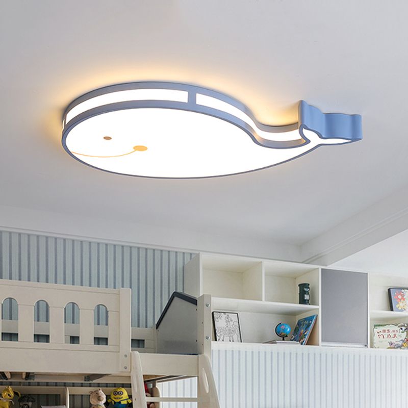 Whale Kids Dorm Ceiling Flush Iron Cartoon LED Flush Mount Light in White/Pink/Blue with Acrylic Diffuser