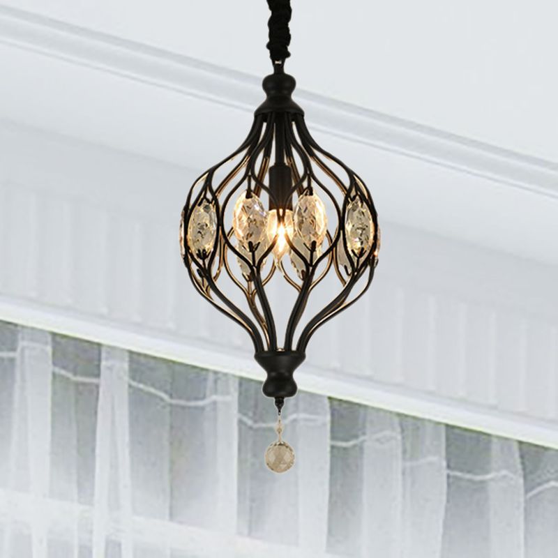Wire Cage Pendant Light Fixture Contemporary Metal 1 Light Black/Brass Pendulum Light with Crystal Accent