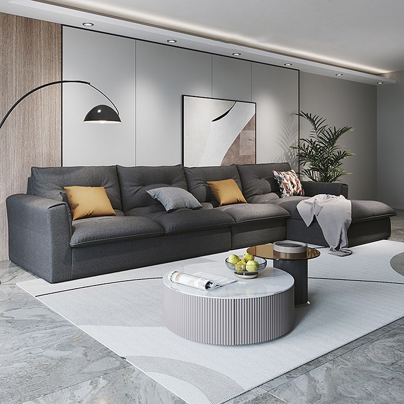 Modern Square Arm Sectional Gray Linen Sofa and Chaise for Apartment