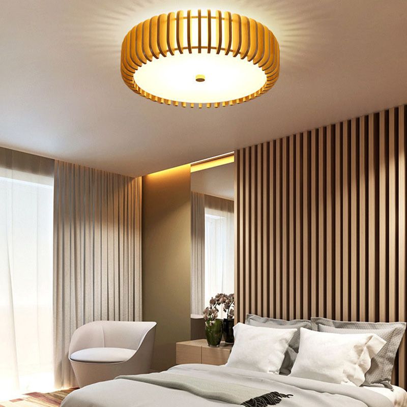Wooden Flush Mount Ceiling Light Asian Style Living Room Round Shape Ceiling Mount Light