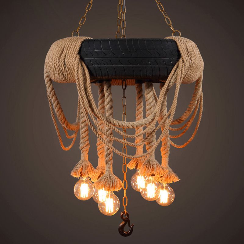 Black Tyre Chandelier Factory Rubber 6-Bulb Bistro Suspension Lamp with Hemp Rope