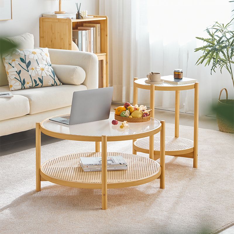Tropical Coffee Table Glass 4 Legs Storage Round Coffee Cocktail Table