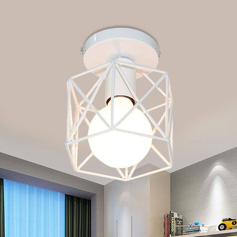 Hexagon Iron Ceiling Mounted Fixture with Cage Shade Vintage Stylish 1 Bulb Balcony Close to Ceiling Lamp in Black/White