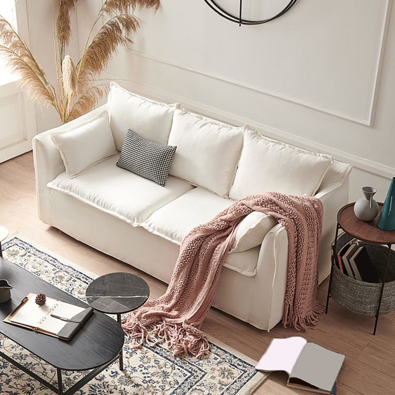 White Linen Contemporary Standard Square Arm Sofa for Living Room, Apartment