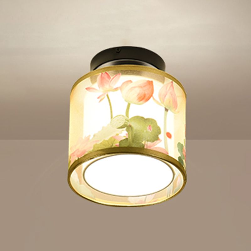 Plafonnier encastré de 8 pouces de large, plafonnier de style asiatique avec abat-jour en tissu pour le salon