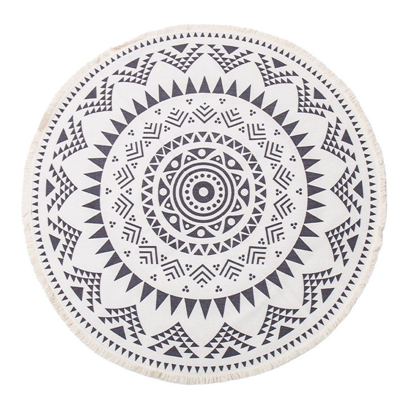 Simple Area Rug Tribal Print Round Carpet Washable Cotton Blend Rug with Fringe