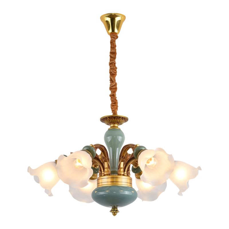 Gold 6/8/10-Bulb Ceiling Suspension Lamp Retro Style Cream Glass Blossom Shaped Chandelier Lighting