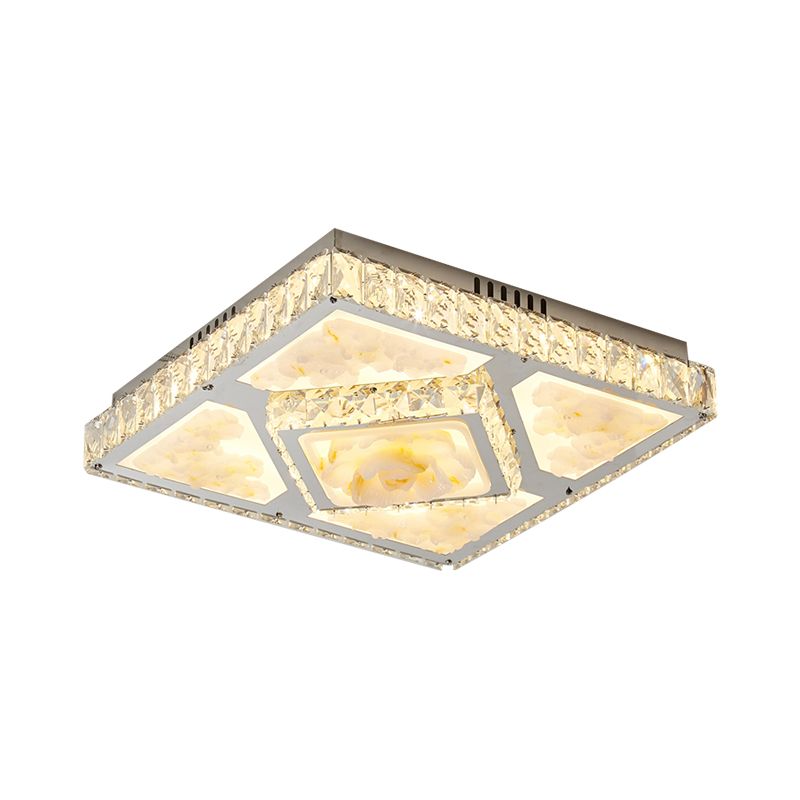 Modernism Square Ceiling Flush Crystal Block LED Parlor Flush Mount Light with Lotus Design in Chrome