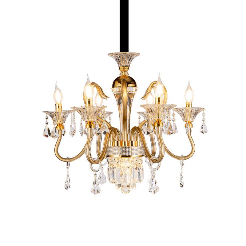 Crystal Candlestick Pendant Chandelier Mid-Century 6 Bulb Bedroom Hanging Lamp in Gold