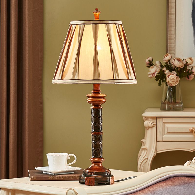 Fluted Column Base Night Stand Lamp Antiqued Style 1 Bulb Resin Desk Light in Brown with Fabric Shade