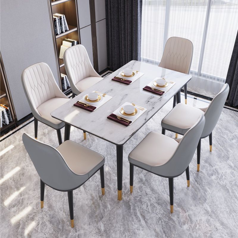 Modern White Slate Rectangular Dining Table Set with Four-leg Rubber Wood Base
