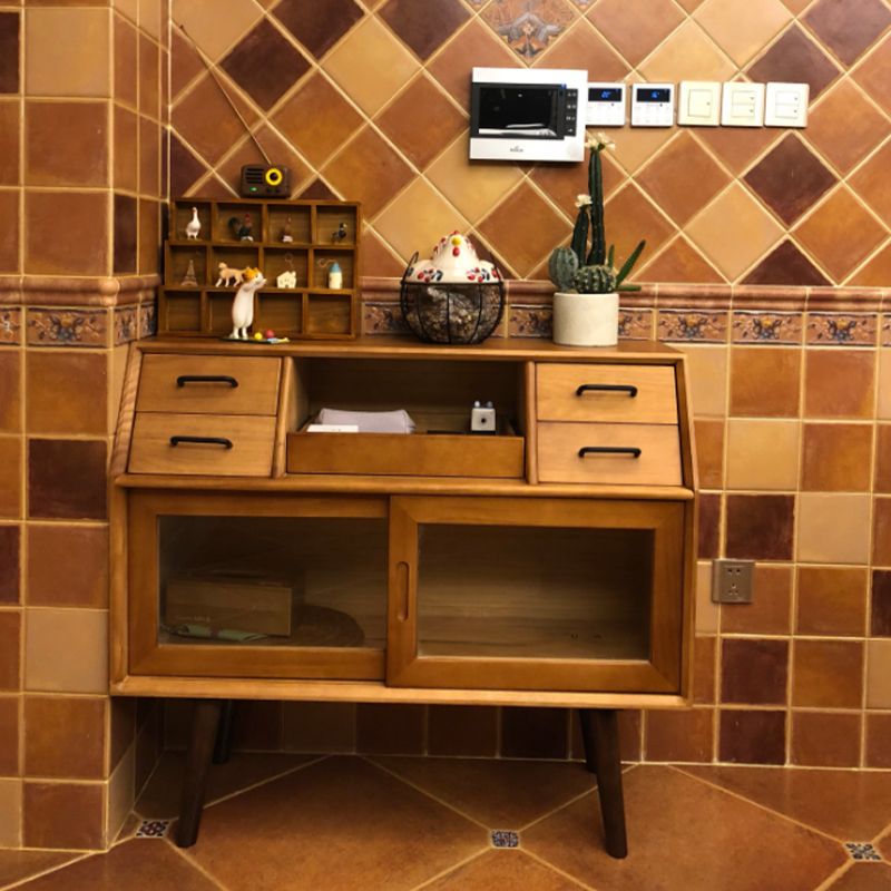 Sliding Door Dining Server Antique Finish Pine Solid Wood Credenza with Glass Door