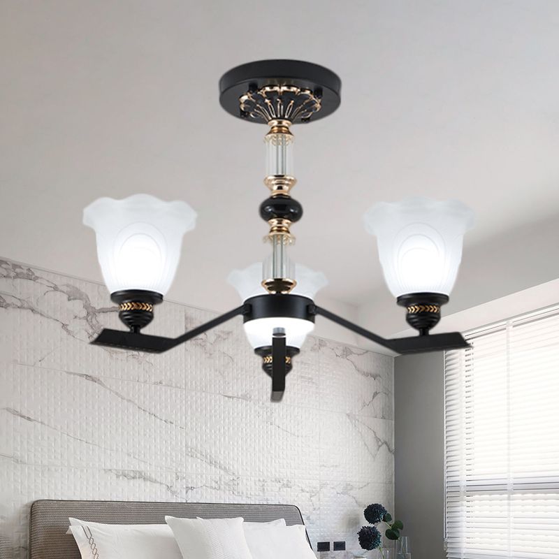 Frosted Glass Black Chandelier Lighting Floral Shade 3/6/8-Head Rural Style Hanging Pendant Light