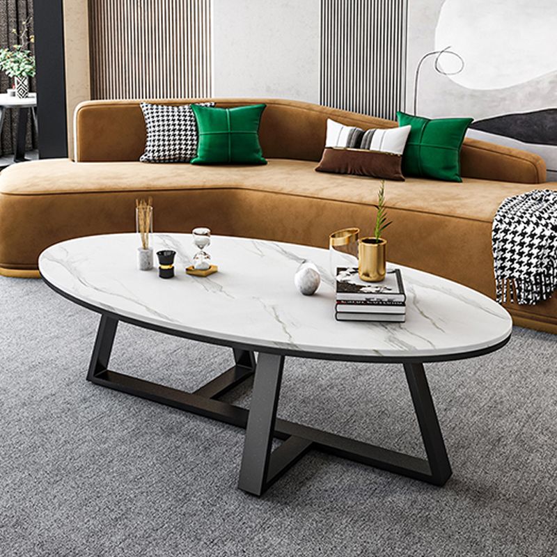 Oval Stone Top Coffee Table with Iron Cross Base Cocktail Table in White