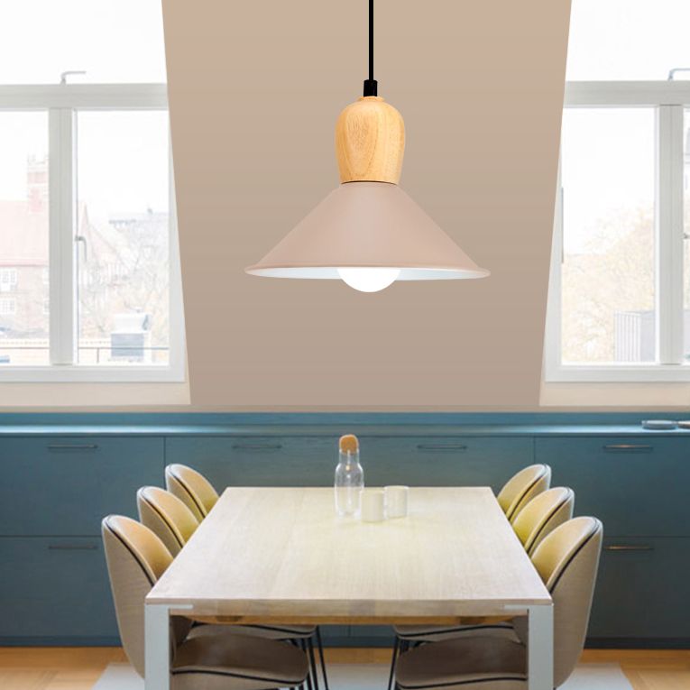 Metal Cone Pendant Light with Wooden Bulb Base 1 Head Nordic Style Hanging Light for Office