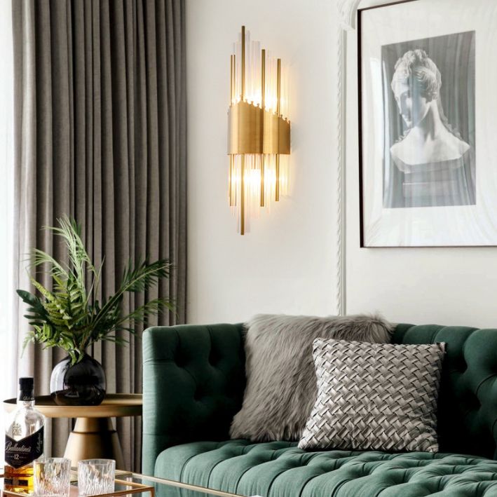 Fluted Crystal Flush Wall Sconce Postmodern Style 2-Bulb Gold Wall Lamp for Living Room