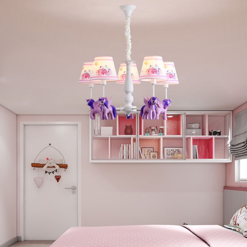 Cartoon Conical Hanging Ceiling Light Metal 5 Bulbs Chandelier Lamp with Unicorn Deco in Purple for Kid Bedroom