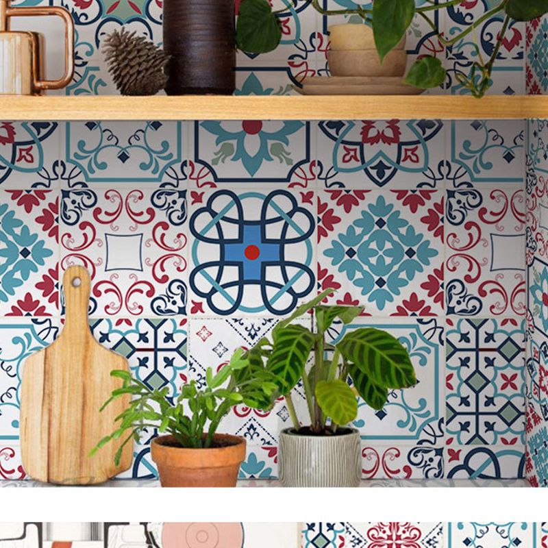 Self Sticking Floral Print Wallpapers Blue Bohemian Style Wall Decor for Bathroom