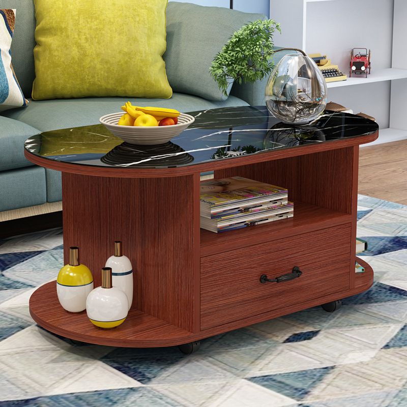 modern oval gals top coffee table with shelf and drawer and Casters