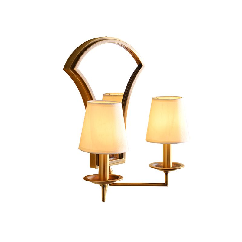Retro Candlestick Wall Lamp 2 Bulbs Metal Sconce Light Fixture in Gold with Mirror and Fabric Empire Shade
