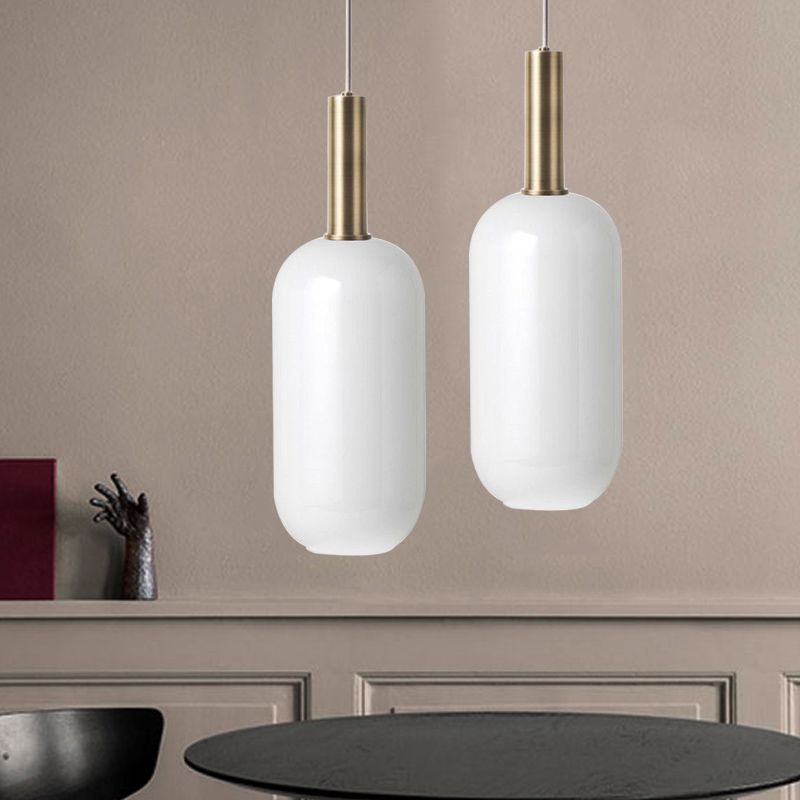 Opal Mattglas länglicher Deckenanhänger minimalist 1 leichte Messing -Hang -Lampen -Kit über Tisch