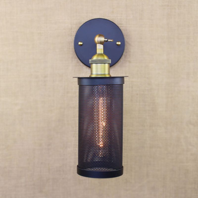 Cylindrical Mesh Metal Shade Wall Lighting Farmhouse 1 Light Corridor Wall Sconce Lamp in Black/Brass